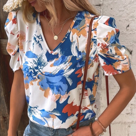 Boho White Floral Print Puff Sleeve Top Blouse - Picture 5 of 5
